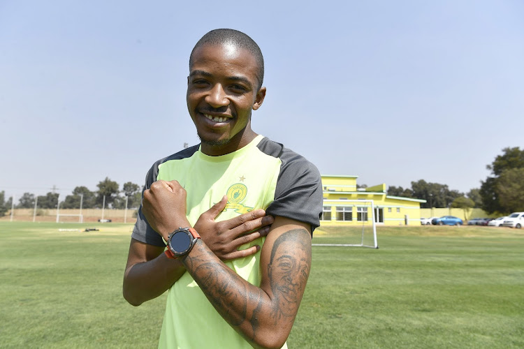 Thapelo Morena showing off his tattoos during a Mamelodi Sundowns media open day at Chloorkop on September 20, 2019.