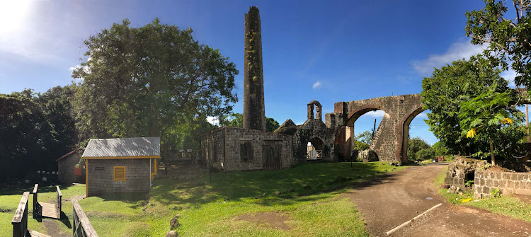 A panorama of Wingfield Estate, a collection of colonial-era ruins that were part of St. Kitts' first plantation.