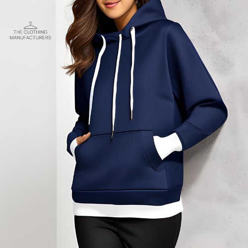 Woman wearing blue hoodie which has Kangaroo pocket