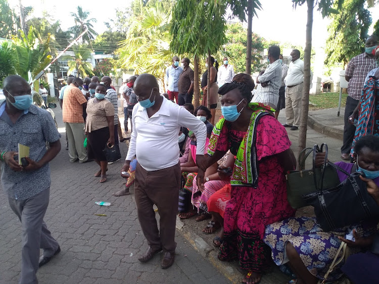 The late ex-Kaloleni MP Gunga Mwinga's uncle and personal assistant Ngunza Kahindi and widow Brenda Nanjala at Pandya Memorial Hospital on Monday.