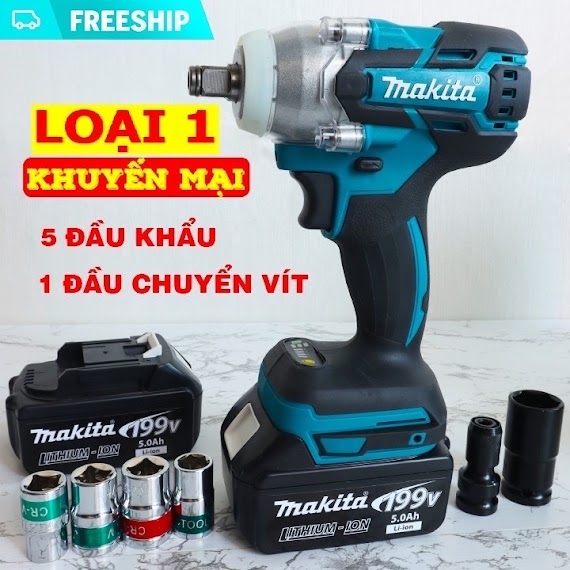 Máy Siết Bulong Makita 199V Kèm Bộ Khẩu Và Đầu Chuyển Khoan Không Chổi Than