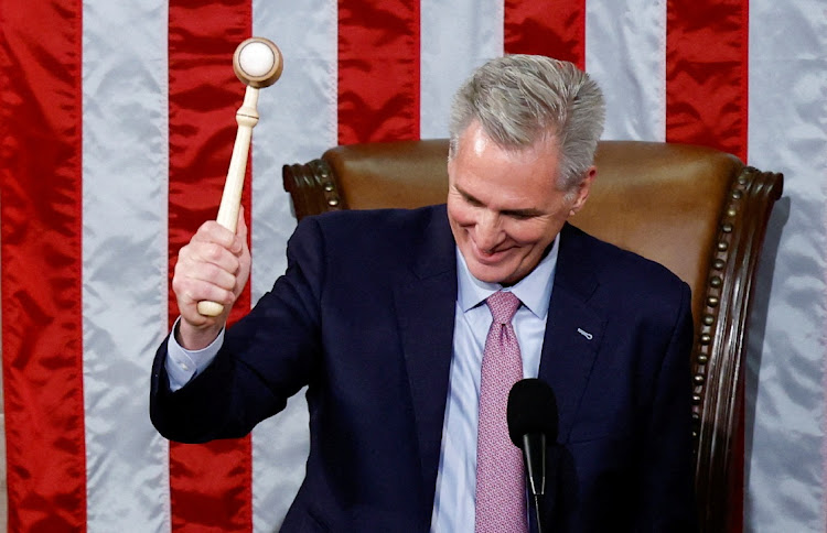 Speaker of the House Kevin McCarthy bangs his gavel for the first time after being elected in a late night 15th round of voting on the fourth day of the 118th Congress at the US Capitol in Washington, DC, the US, January 7 2023. Picture: EVELYN HOCKSTEIN/REUTERS