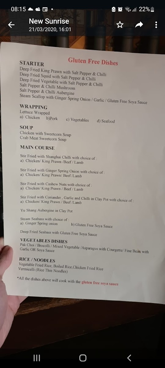 New Sunrise gluten-free menu