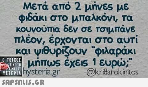 Μετά από 2 μήνες με φιδάκι στο μπαλκόνι, τα κουνούπια δεν σε Τσιμπάνε πλέον, έρχονται στο αυπ και ψιθυρίζουν φιλαράκι Ο ΤΟΙΧΟΣ ΕΙΧΕ ΤΗ steriagr @kriBarokinitos SAP SALIS.GR