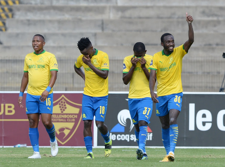 Sundowns players celebrate a late winning goal scored by Peter Shalulile during the DStv Premiership 2020/21 game between Stellenbosch FC and Mamelodi Sundowns at Danie Craven Stadium.