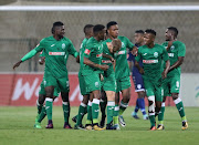 Amazulu players celebrate the opening goal during the Absa Premiership match against champions Bidvest Wits at King Zwelithini Stadium on September 20, 2017 in Durban, South Africa. 