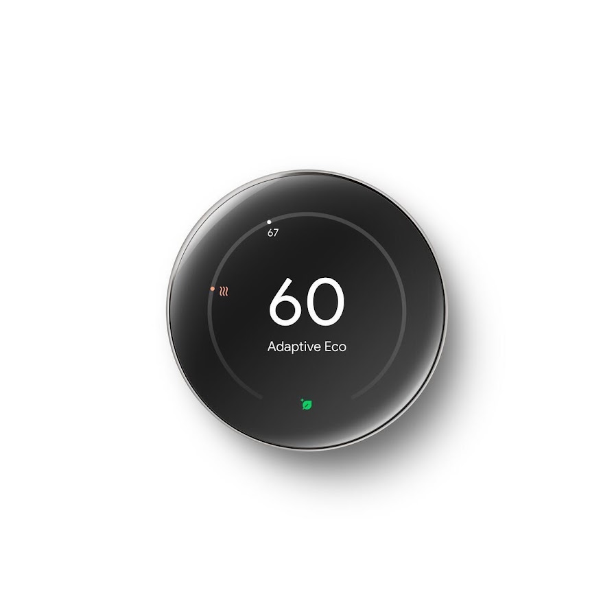 Un thermostat Nest affichant le numéro 60, le texte « Éco adaptatif » et une petite icône de feuille verte. 
