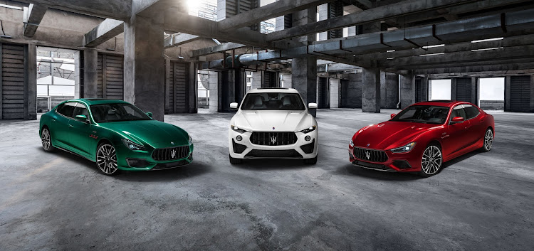 The three Trofeo models are in the colours of the Italian flag: green for Quattroporte, white for Levante and red for Ghibli. Picture: SUPPLIED