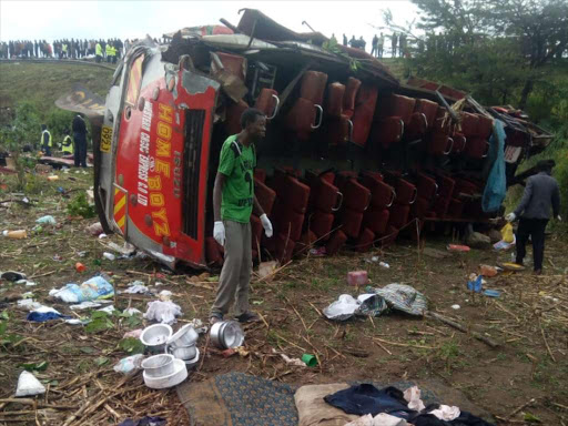 The scene where a Kakamega bound bus veered off the road killing 50 people at Fort Ternan Tunnel in Kericho on Wednesday, October 10, 2018. / SONU TANU