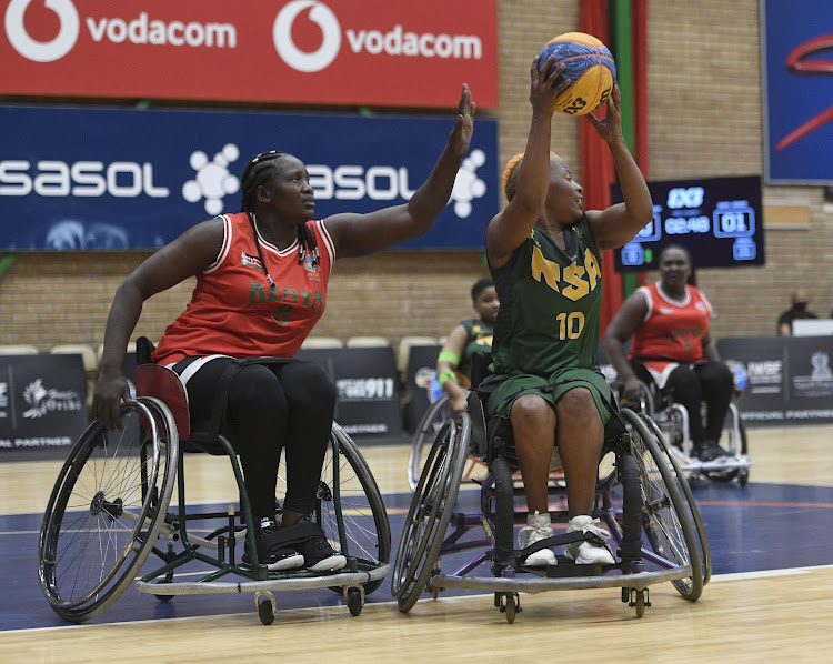 3x3 wheelchair basketball action between Kenya and South Africa