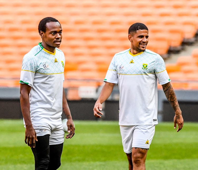 Percy Tau and Keagan Dolly of Bafana Bafana in their training session at FNB Stadium on November 10 2021.