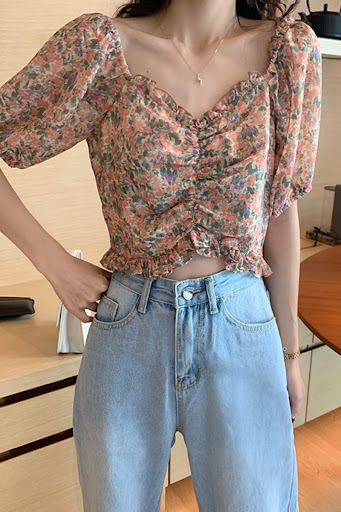Title 6, V-neck Floral Chiffon Shirt Female Summer Korea...