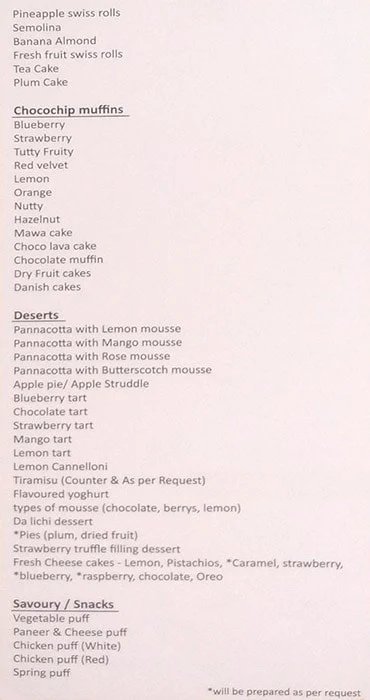 Aardhik's Cake-rie menu 