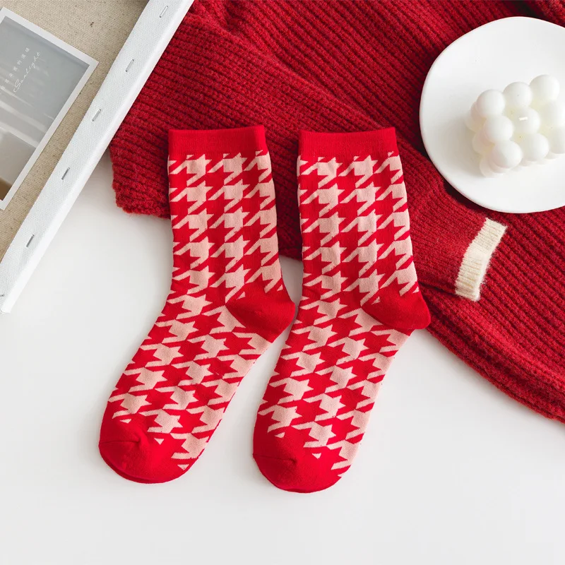 Chaussettes De Noël Rouges Pied De Poule Coton
