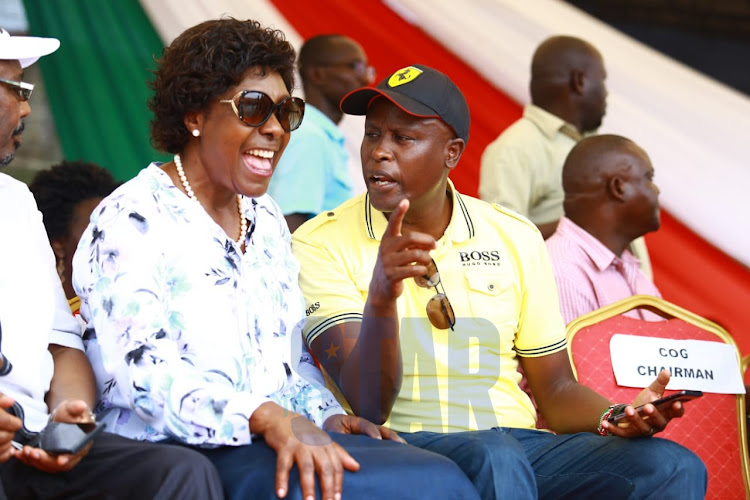 Kitui Governor Charity Ngilu and Kieni MP Kanini Kega at Mama Ngina Waterfront Park for the BBI rally on Saturday, January 25, 2020.