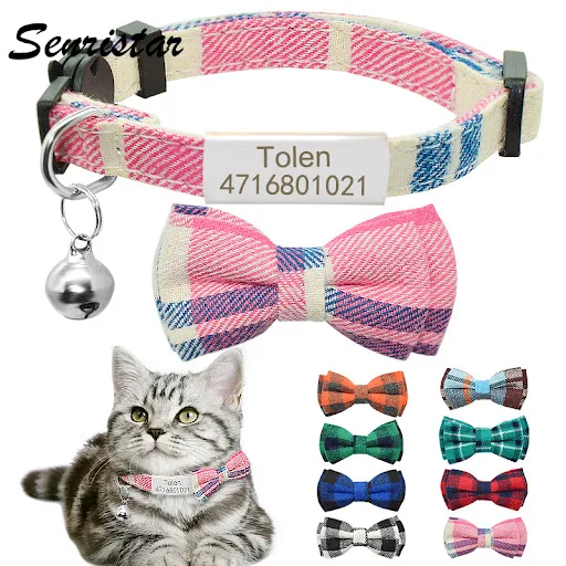 Grid Bowknot Cat Collar Personalized Name Safety Breakaway Bowtie Cat Collar Bell Necklace Custom Engraved Nameplate Cat