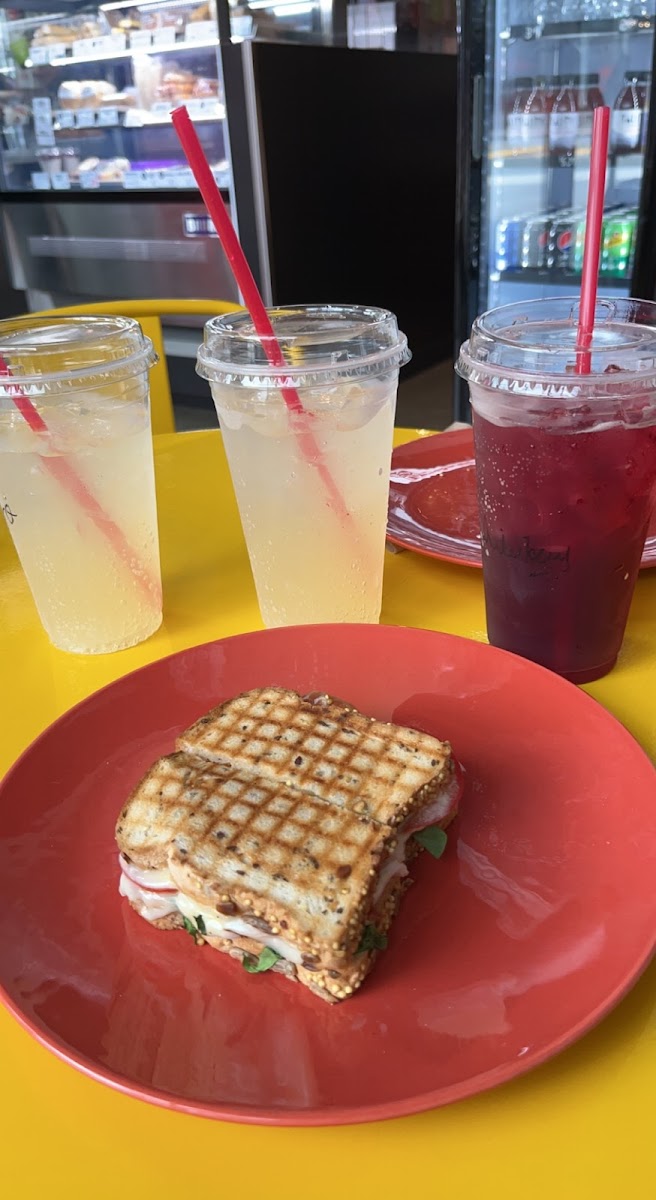 Mango, Peach, and Hibiscus italian sodas and a turkey club sandwich