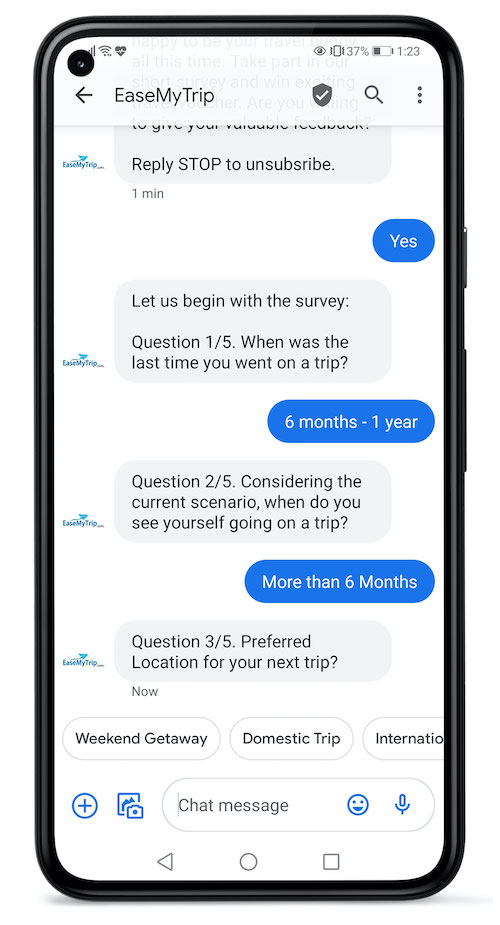 EaseMyTrip used RCS Business Messaging to survey customers on post-COVID travel.