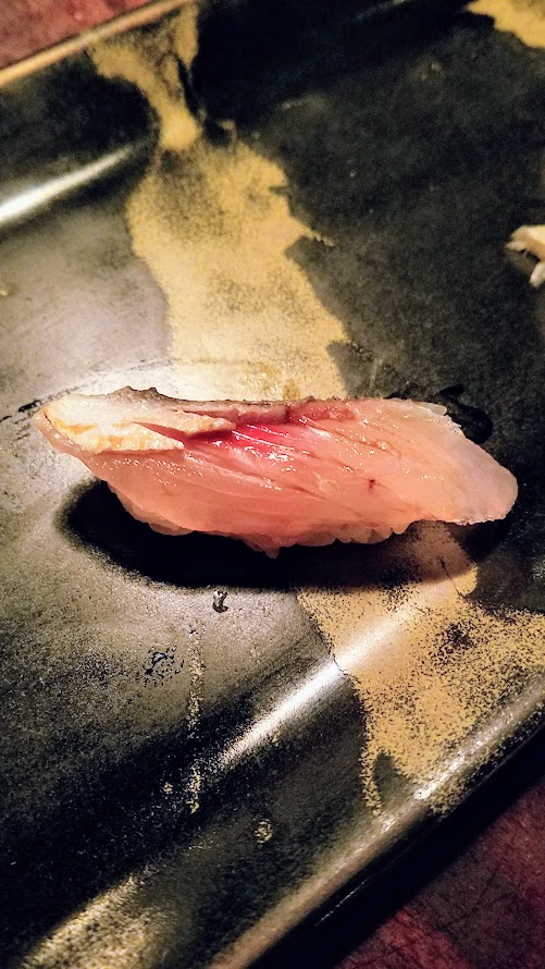 Fukami 19 course dinner of small plates and sushi: Kamasu, Red barracuda from Chiba