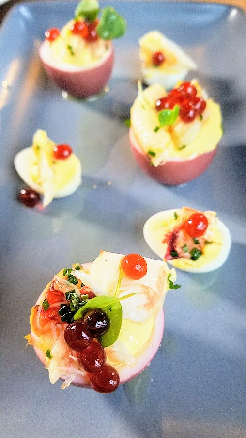 Pickled Deviled Eggs with dungeness crab, and smoked salmon roe at King Tide Fish and Shell, Portland.