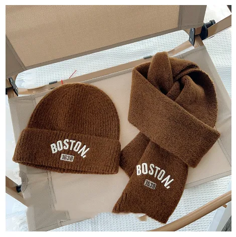 Ensemble 2 pièces bonnet et écharpe pour enfants lettres brodées couleur unie chaud automne hiver assorti