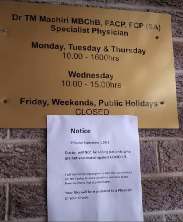 The notice at the practice of Dr Tafara Machiri, informing his patients that he would no longer be seeing unvaccinated patients.