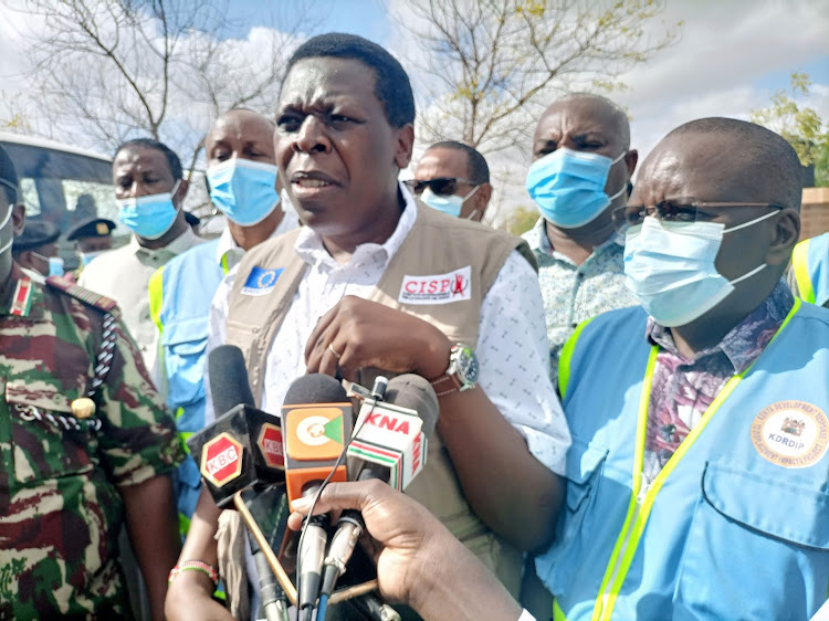 Devolution CS Eugene Wamalwa speaking to the press in Garissa when he launched the water tracking exercise.