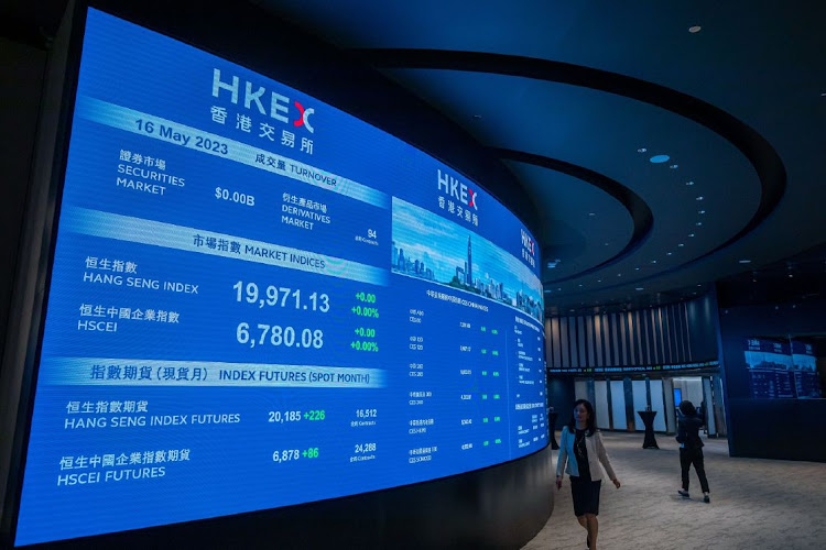 A screen showing various index figures during the London Metal Exchange (LME) Asia Metals seminar at the Hong Kong Connect Hall in Hong Kong on May 16 2023. Picture: Paul Yeung/Bloomberg