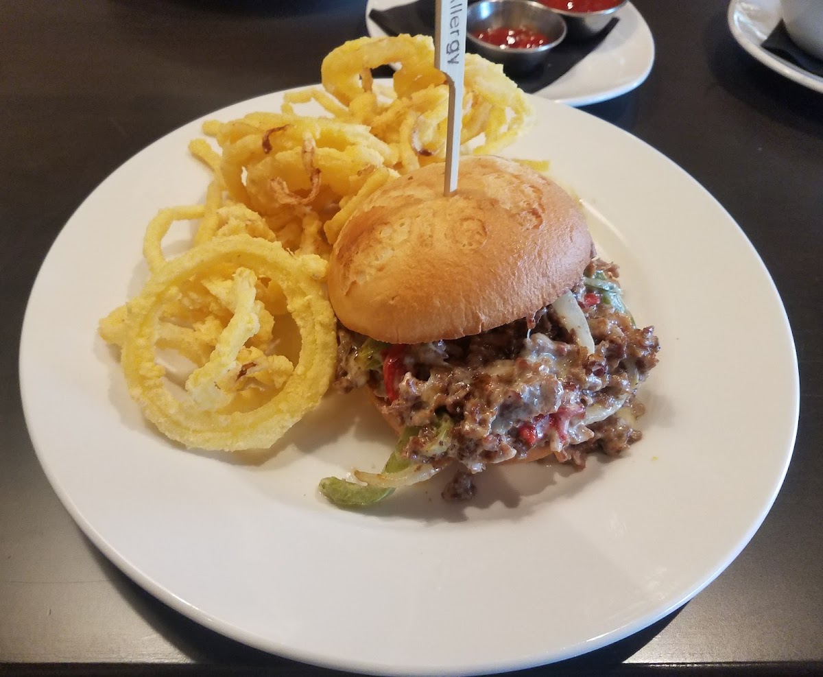 Steak and cheese with onion rings. WILL NOT DISAPPOINT! So delicious!