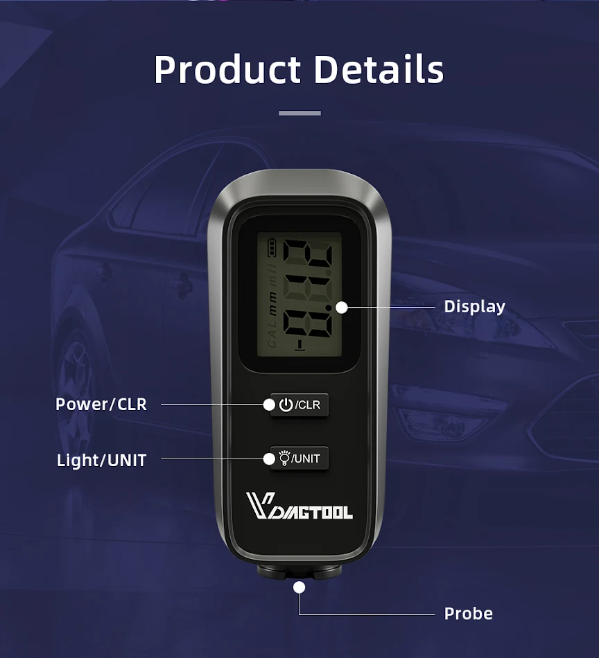 Medidor de espessura de pintura automotiva para medições precisas. Verifique a camada de tinta. Fácil de usar. Garante reparos perfeitos e valor ideal.