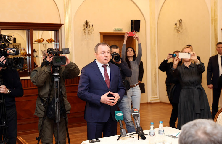 Belarusian foreign minister Vladimir Makei makes a statement before the talks between Russian and Ukrainian officials in the Gomel region, Belarus, on February 28 2022. Picture: BELTA/HANDOUT via REUTERS/SERGEI KHOLODILIN