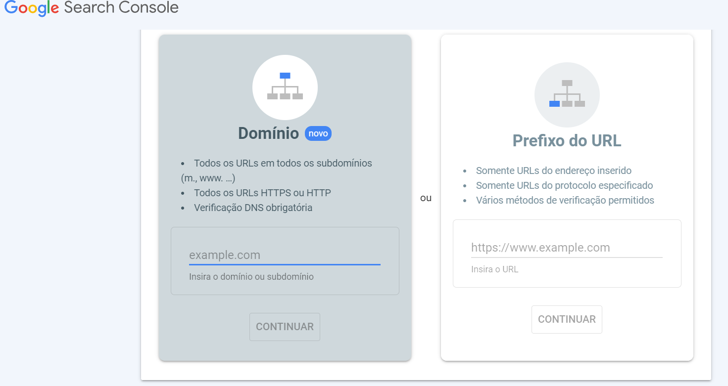 Google Search Console: print screen mostrando campos para preenchimento do domínio, subdomínio ou URL a ser rastreada.