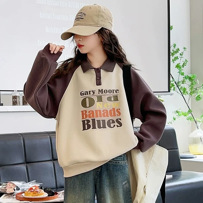 Girls' Spring And Autumn New Fashionable Stylish Letter Printing Lapel Sweater. A trendy and comfortable sweater perfect