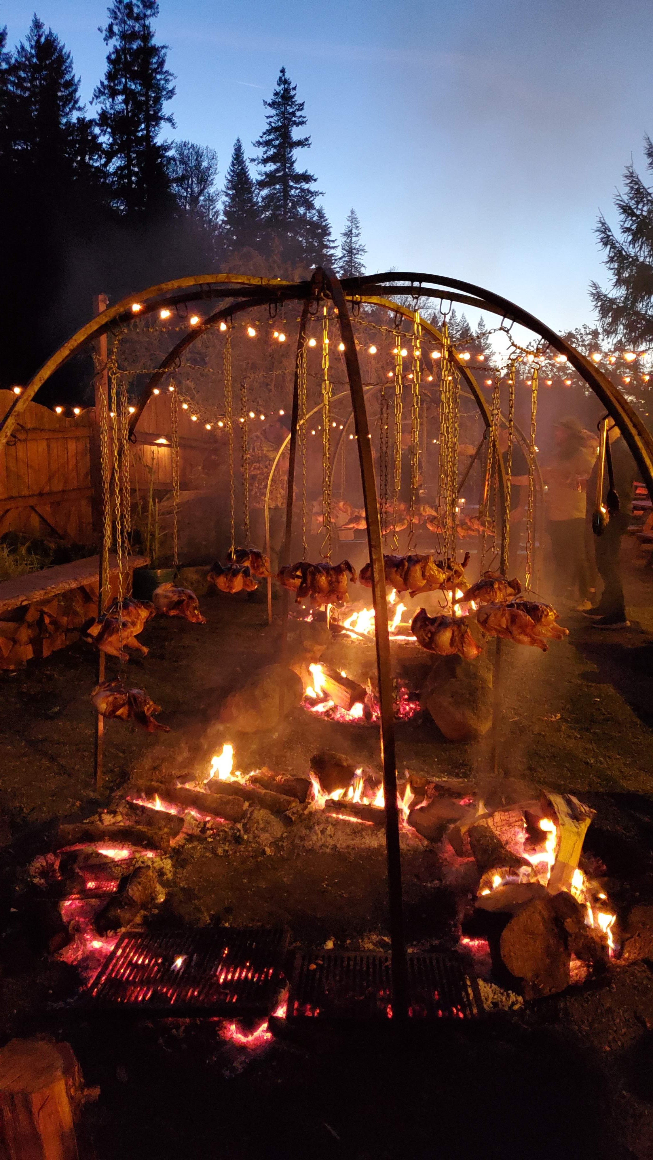 Wild About Game 2019, the Del Fuego Ironworks custom open fire cooking featuring Mary's Chicken at the after party