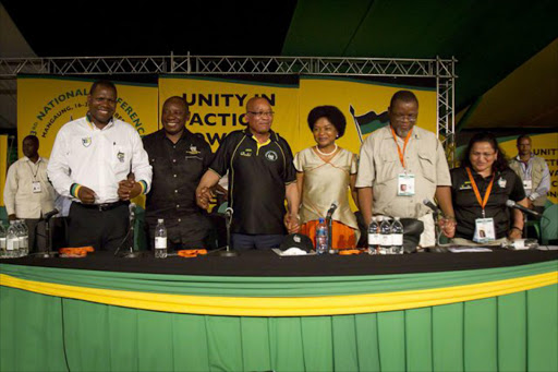 The ANC's top six leaders Zweli Mkhize (treasurer); Cyriol Ramaphosa (deputy president); Jacob Zuma (president); Baleka Mbete (chairperson); Gwede Mantashe (secretary-general) and Jessie Duarte (deputy secretary-general) after their election at the ANC's elective conference in December, 2012 in Mangaung, South Africa FILE