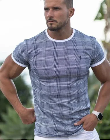 Men's Checkered Breathable Round Ne - 1
