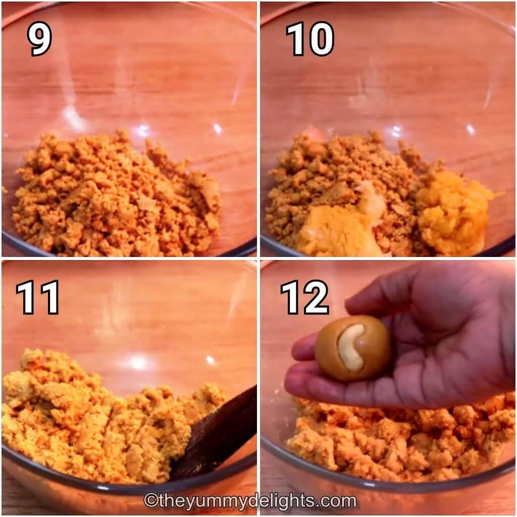 step by step image collage of addition of jaggery and cardamom powder to the roasted moong dal and shaping the laddoos