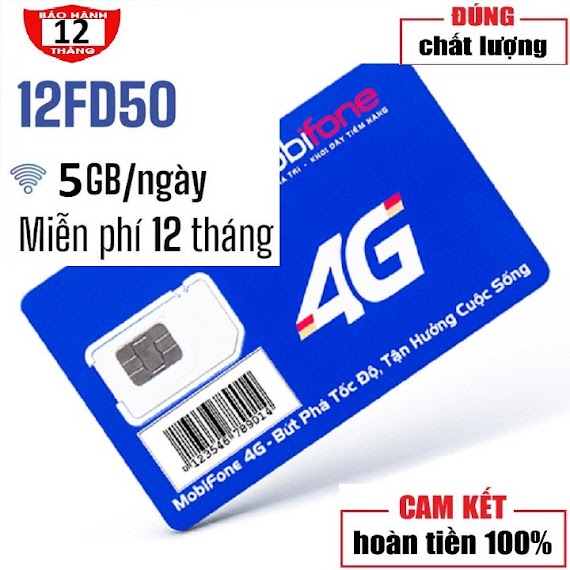 12Fd50 (5Gb 1 Ngày) Trọn Gói 1 Năm Không Nạp Tiền Sim 4G Mobifone