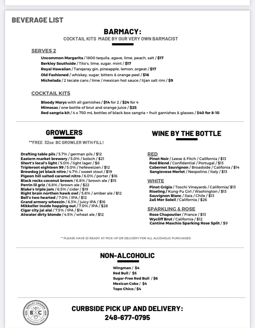 Berkley Common gluten-free menu