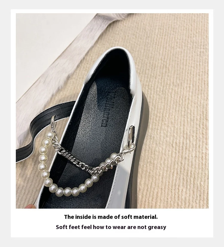British Style Thick-soled Mary Jane Leather Women's Shoes with Detachable Pearl Chain. Small sizes, stylish and comforta