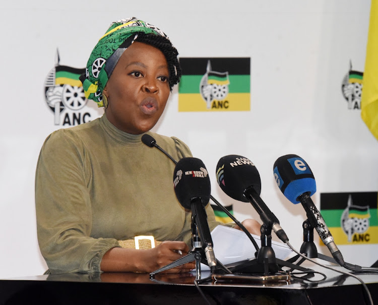 The ANCWL national task team national coordinator Maropene Ramokgopa briefs the media at Luthuli House in Johannesburg.