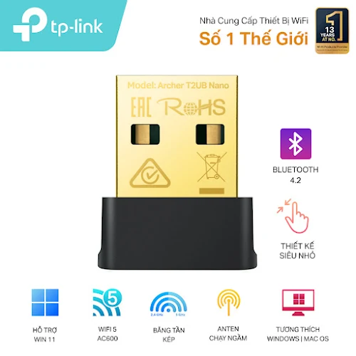 Bộ chuyển đổi USB WiFi Nano Bluetooth 4.2 AC600 TP-Link Archer T2UB Nano