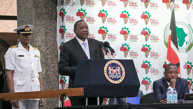 President Uhuru Kenyatta makes his address during the official opening of the Continental Celebration of the 2019 Africa Public Service Day at KICC, Nairobi on June 21, 2019.