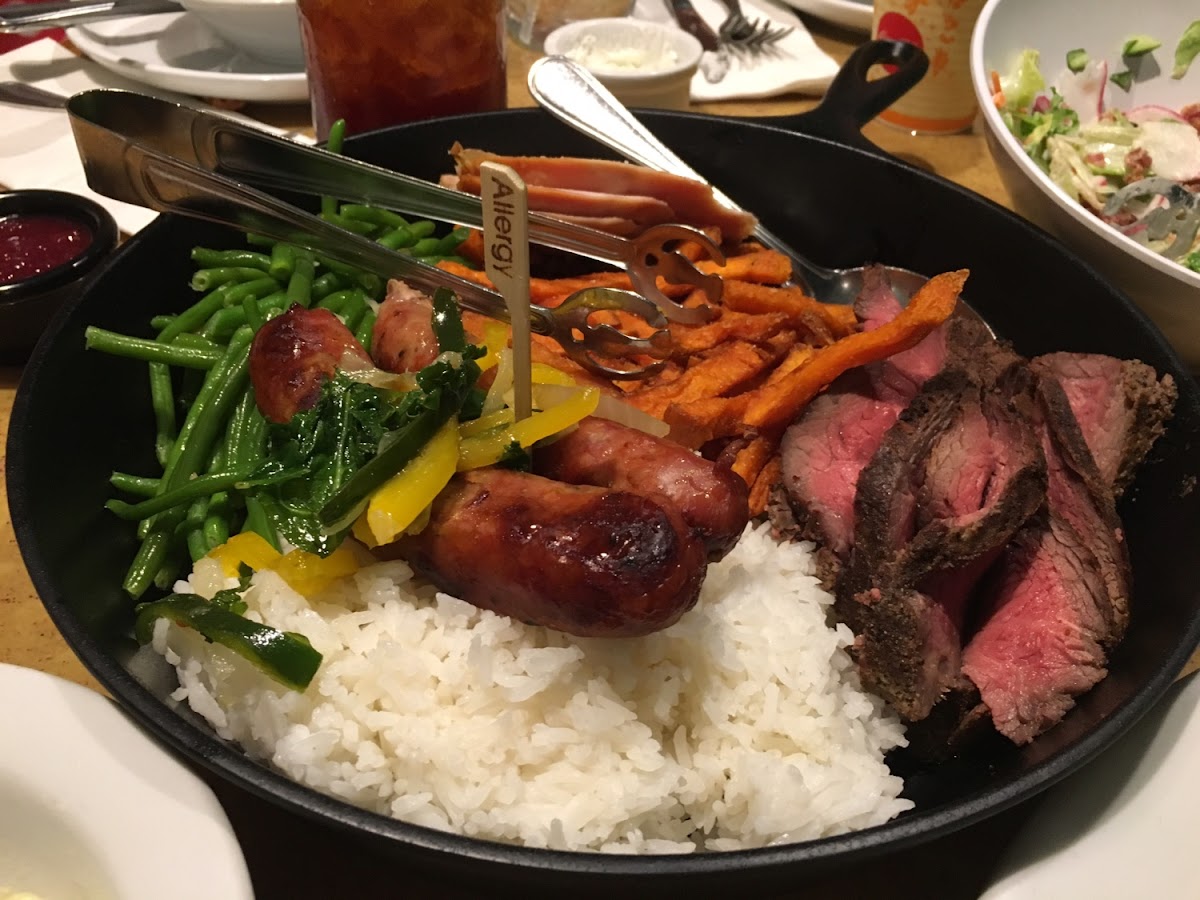 Gluten Free Family Style Platter with rice, sausage, sweet potato fries, green beans,  turkey and beef filet.  9/2016