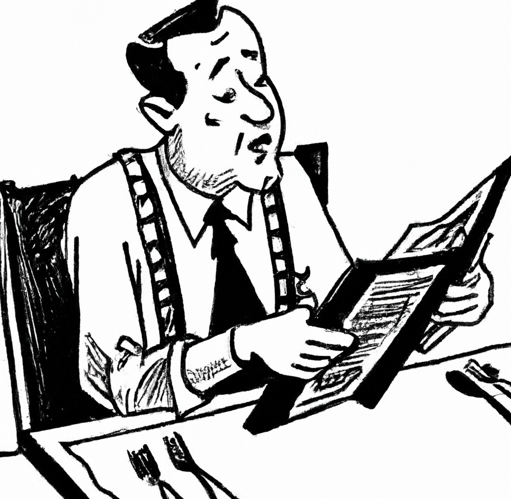 DALLE generated black and white illustration of a restaurant patron reviewing a menu