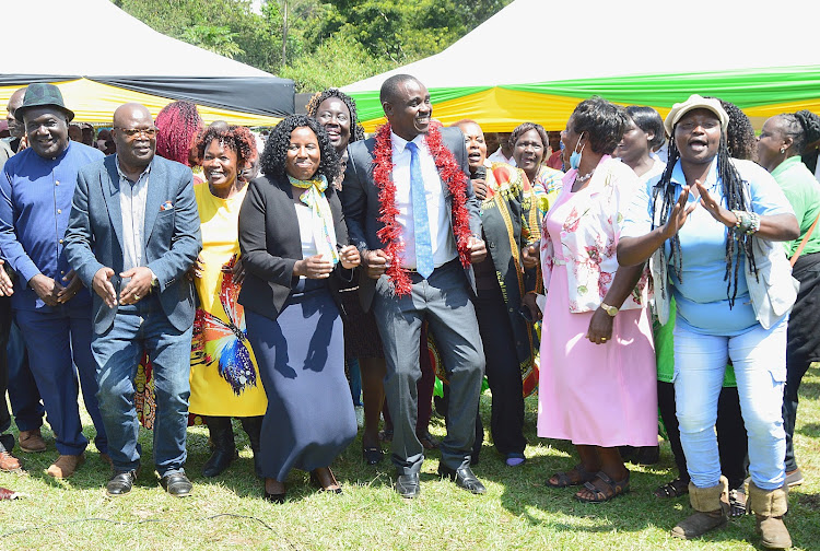 Kakamega Senator Cleophas Malala and his running mate in the Kakamega governor race Beatrice Inyangala, join supporters and other leaders in Kakamega on Tuesday