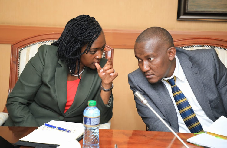 Environment CS Soipan Tuya with a timber industry player during a meeting with Deputy President Rigathi Gachagua at Harambee House Annex on Wednesday February 8,2023.