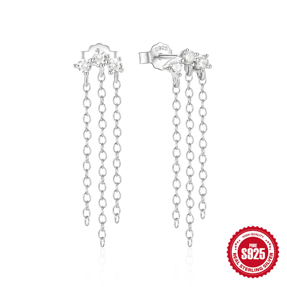 925 Sterling zilveren oorbellen, bloemenstijl, kettingkwast met vier klauw-diamanten en parels – een elegante accessoire.