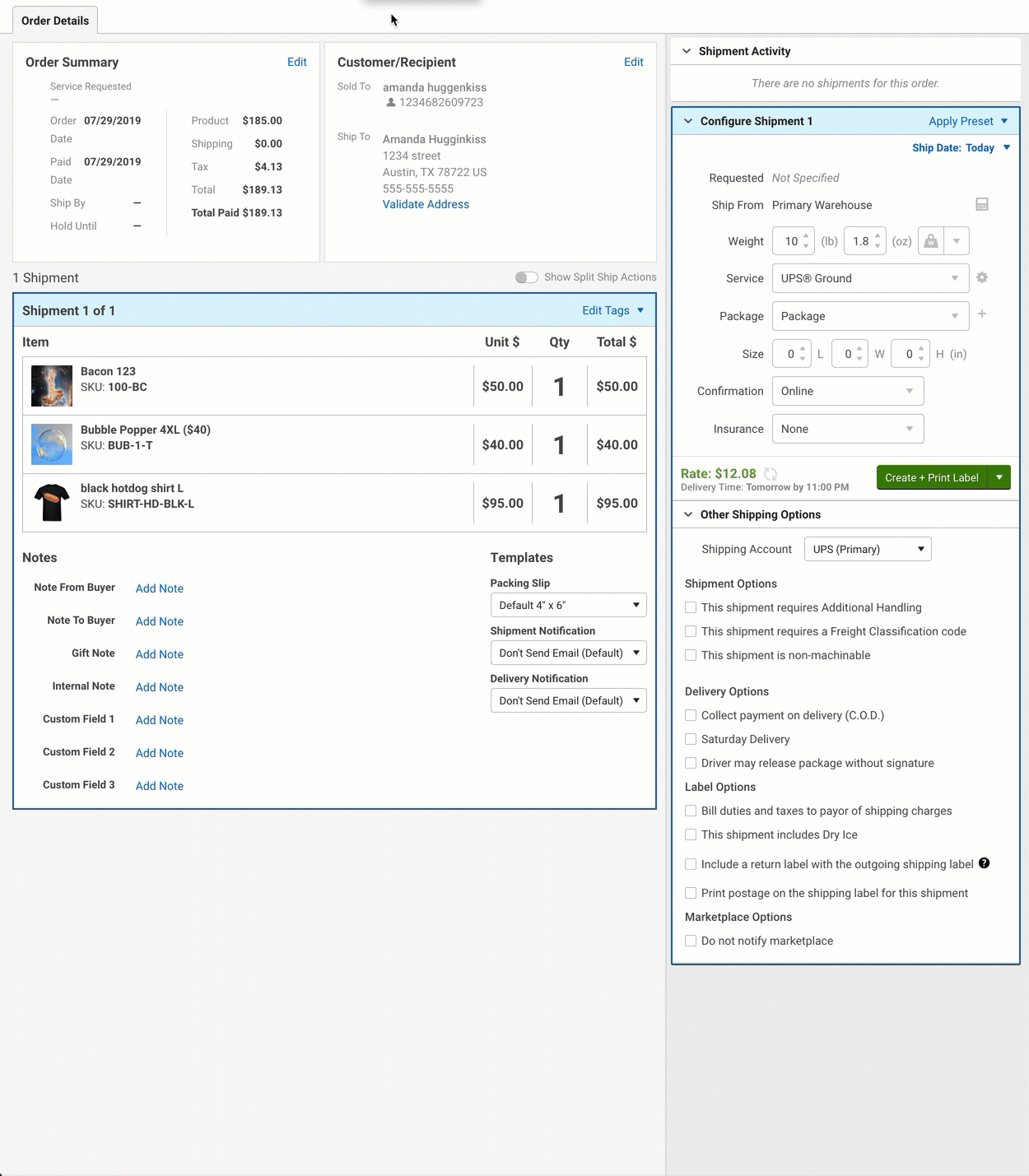 V3 order details, enable split ship, move item to new shipment, create label.