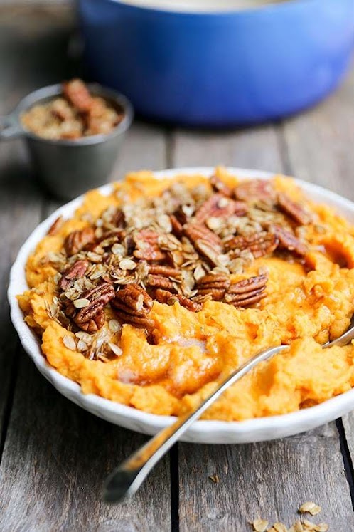 Browned Butter Mashed Sweet Potatoes with Oat-Pecan Granola